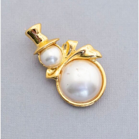 Vintage Snowman Gold Tone Christmas Holiday Brooch, Faux Pearl Brooch - C1 - Picture 1 of 2
